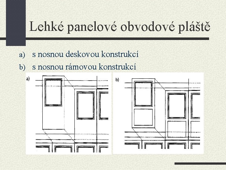 Lehké panelové obvodové pláště a) s nosnou deskovou konstrukcí b) s nosnou rámovou konstrukcí