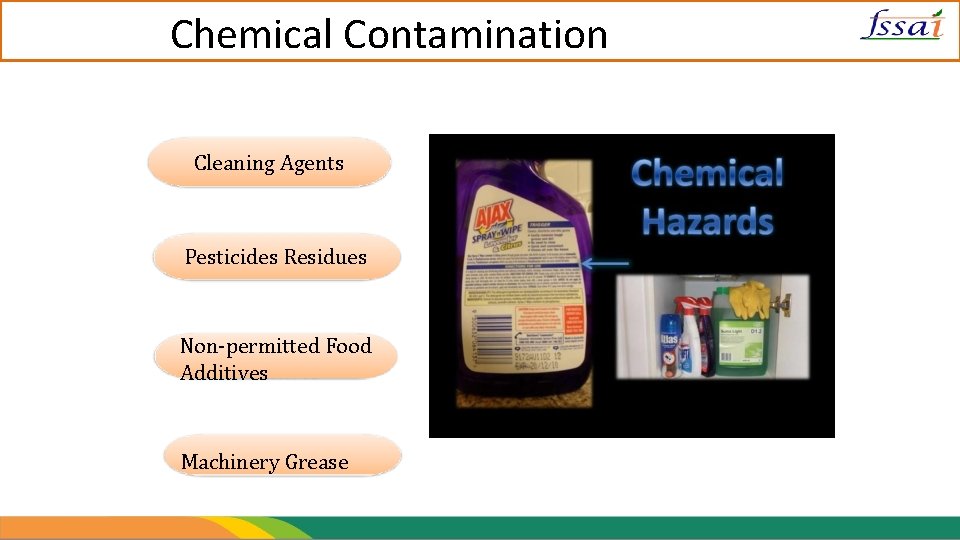 Chemical Contamination Cleaning Agents Pesticides Residues Non-permitted Food Additives Machinery Grease 