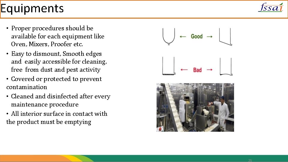 Equipments • Proper procedures should be available for each equipment like Oven, Mixers, Proofer