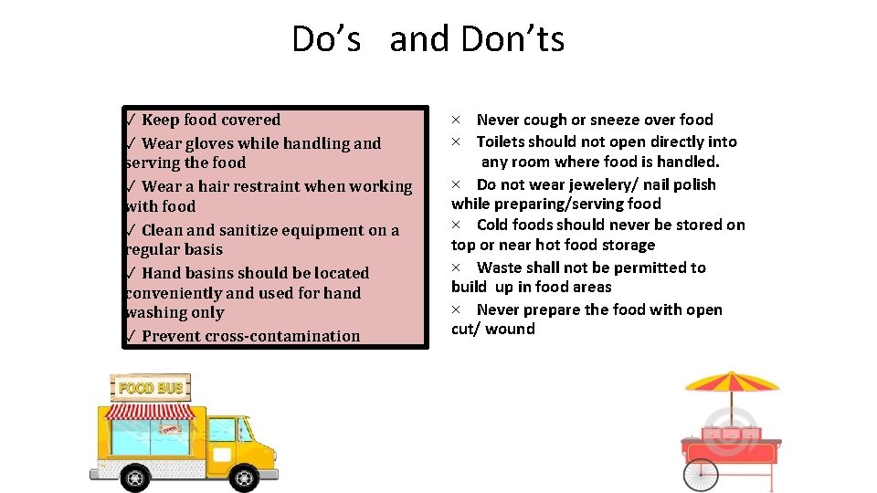 Do’s and Don’ts ✓ Keep food covered ✓ Wear gloves while handling and serving