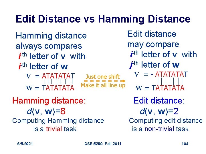 Edit Distance vs Hamming Distance Hamming distance always compares i-th letter of v with