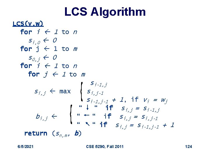 LCS Algorithm LCS(v, w) for i 1 to n si, 0 0 for j