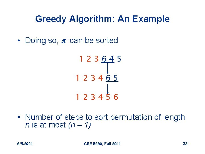 Greedy Algorithm: An Example • Doing so, p can be sorted 123645 123465 123456