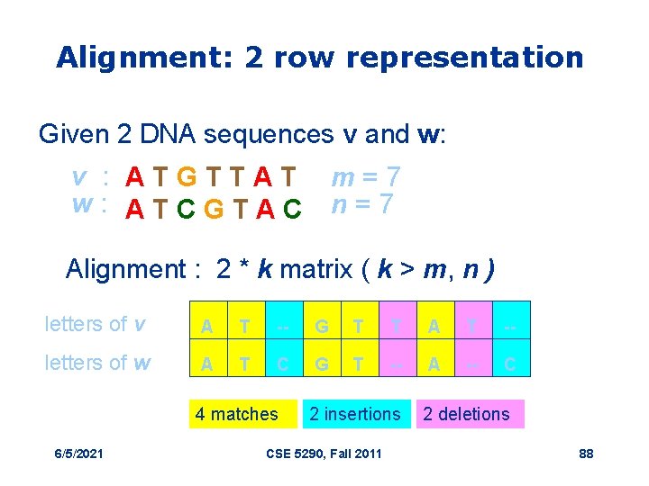Alignment: 2 row representation Given 2 DNA sequences v and w: v : ATGTTAT