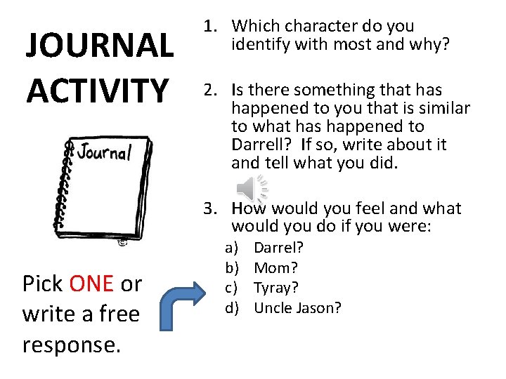 JOURNAL ACTIVITY 1. Which character do you identify with most and why? 2. Is