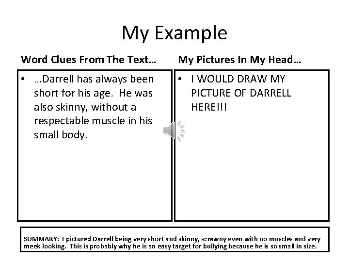 My Example Word Clues From The Text… My Pictures In My Head… • …Darrell