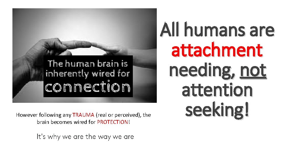 However following any TRAUMA (real or perceived), the brain becomes wired for PROTECTION! All