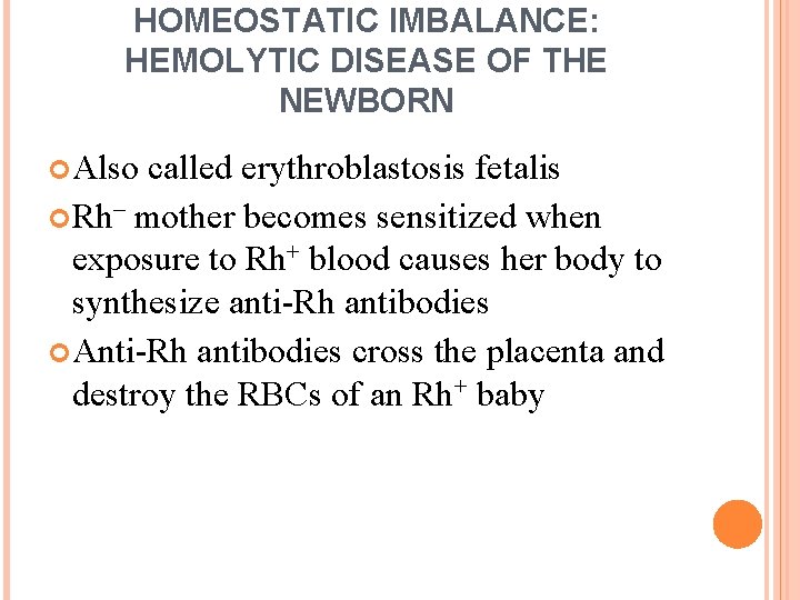 HOMEOSTATIC IMBALANCE: HEMOLYTIC DISEASE OF THE NEWBORN Also called erythroblastosis fetalis Rh– mother becomes