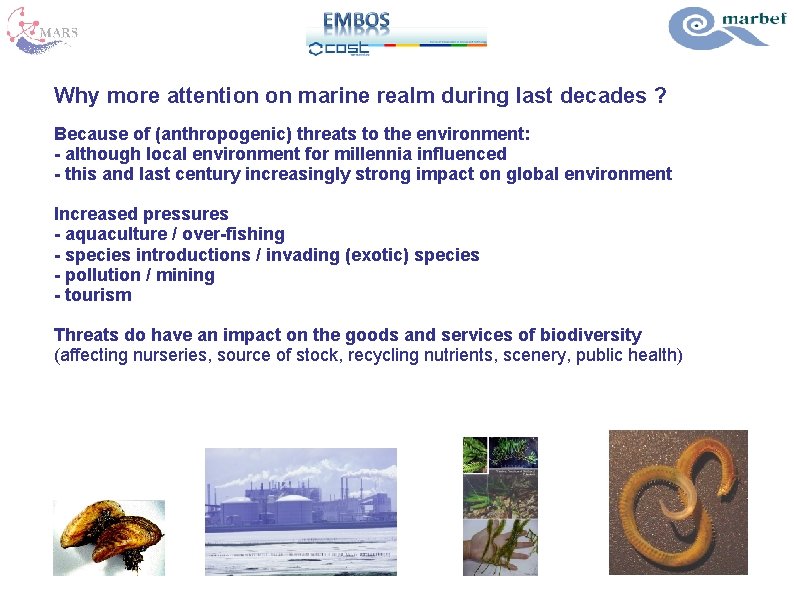 Why more attention on marine realm during last decades ? Because of (anthropogenic) threats
