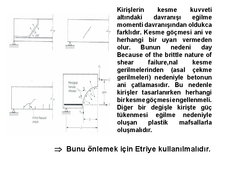 Kirişlerin kesme kuvveti altındaki davranışı eğilme momenti davranışından oldukca farklıdır. Kesme göçmesi ani ve