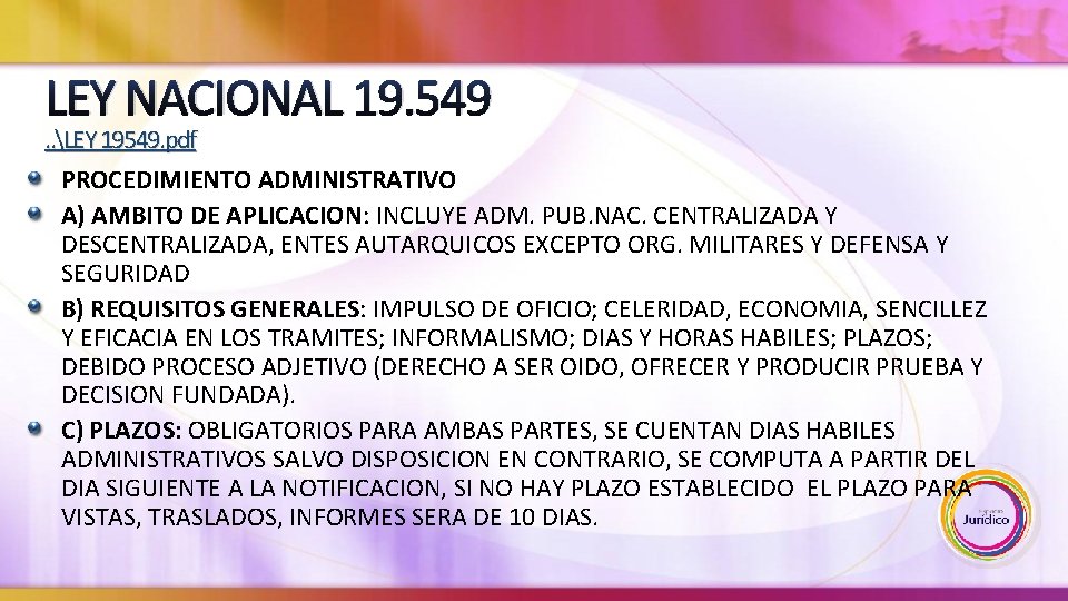 LEY NACIONAL 19. 549 . . LEY 19549. pdf PROCEDIMIENTO ADMINISTRATIVO A) AMBITO DE