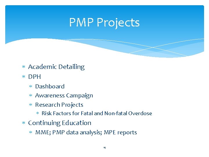 PMP Projects Academic Detailing DPH Dashboard Awareness Campaign Research Projects Risk Factors for Fatal