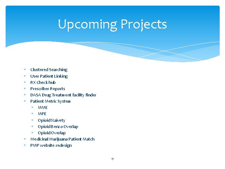 Upcoming Projects Clustered Searching User Patient Linking RX Check hub Prescriber Reports DASA Drug