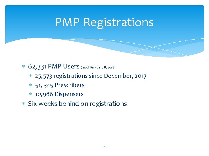 PMP Registrations 62, 331 PMP Users (as of February 8, 2018) 25, 573 registrations