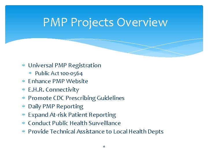 PMP Projects Overview Universal PMP Registration Public Act 100 -0564 Enhance PMP Website E.