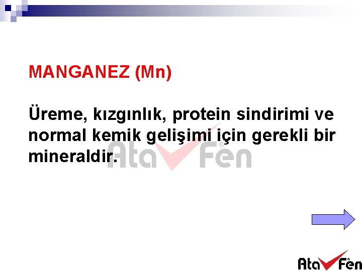 MANGANEZ (Mn) Üreme, kızgınlık, protein sindirimi ve normal kemik gelişimi için gerekli bir mineraldir.