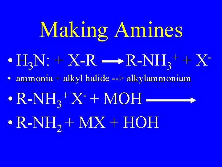 Making Amines • H 3 N: + X-R R-NH 3 + + • ammonia
