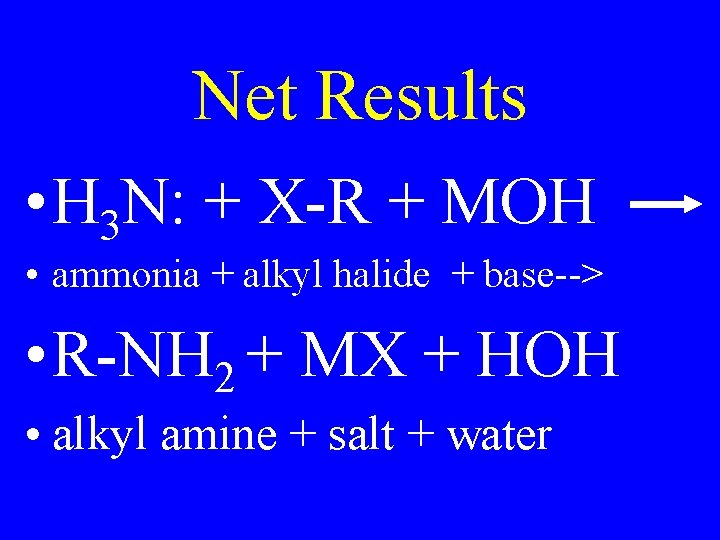 Net Results • H 3 N: + X-R + MOH • ammonia + alkyl