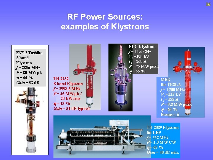 16 RF Power Sources: examples of Klystrons E 3712 Toshiba S-band Klystron f =