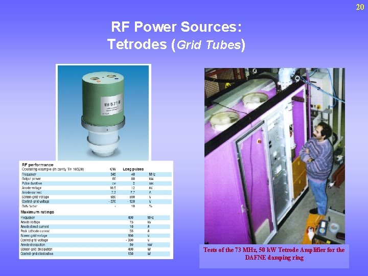 20 RF Power Sources: Tetrodes (Grid Tubes) Tests of the 73 MHz, 50 k.