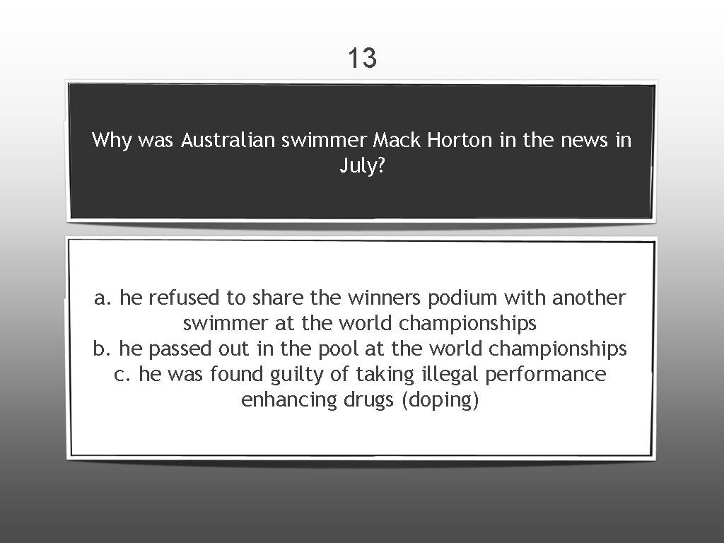 13 Why was Australian swimmer Mack Horton in the news in July? a. he