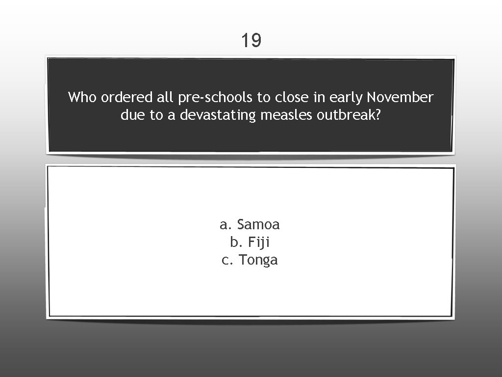 19 Who ordered all pre-schools to close in early November due to a devastating