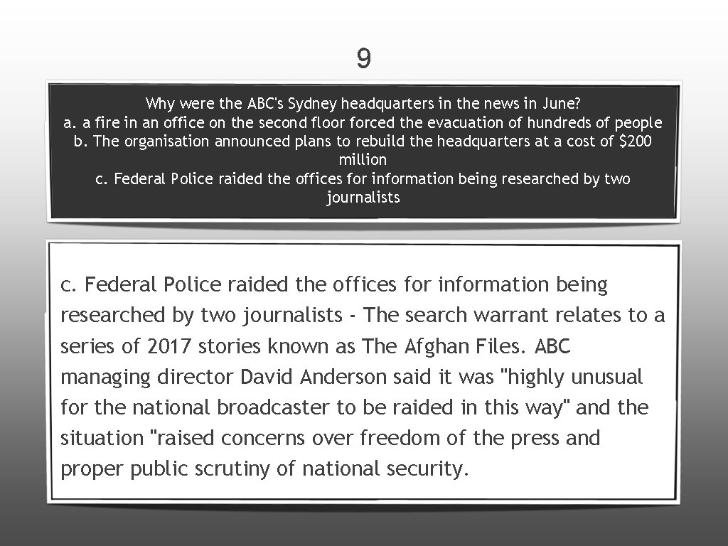 9 Why were the ABC's Sydney headquarters in the news in June? a. a