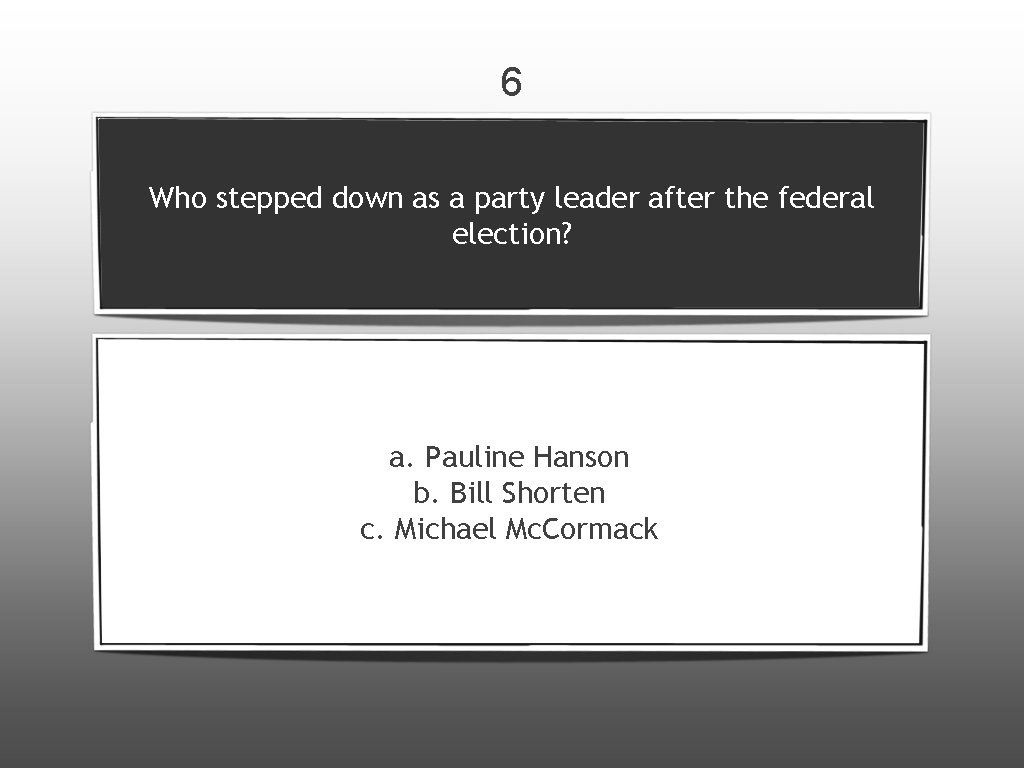 6 Who stepped down as a party leader after the federal election? a. Pauline