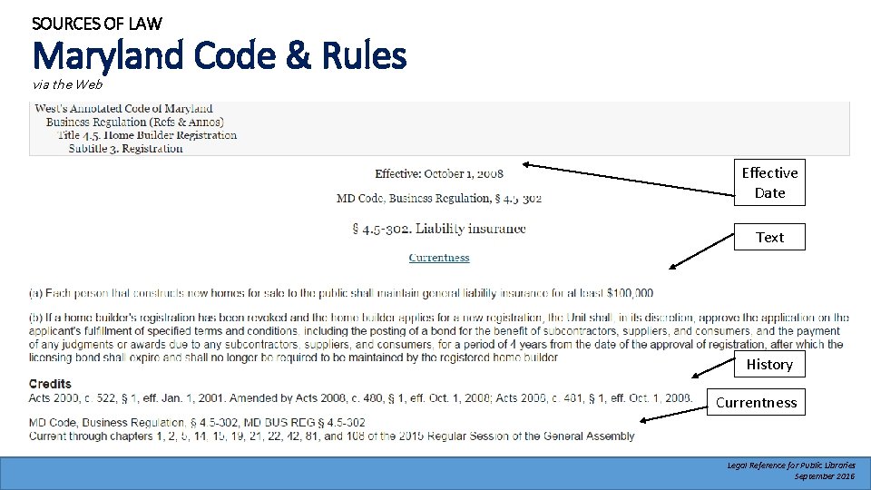 SOURCES OF LAW Maryland Code & Rules via the Web Effective Date Text History