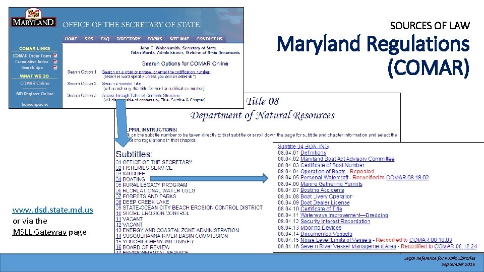 SOURCES OF LAW Maryland Regulations (COMAR) www. dsd. state. md. us or via the