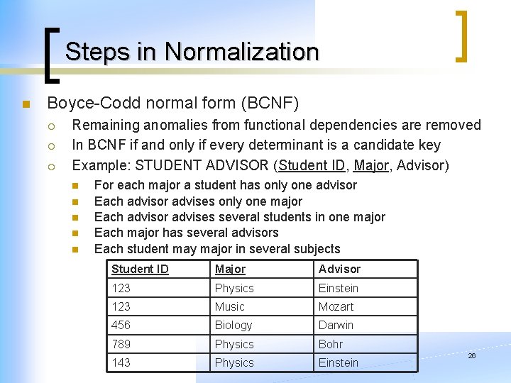Steps in Normalization n Boyce-Codd normal form (BCNF) ¡ ¡ ¡ Remaining anomalies from
