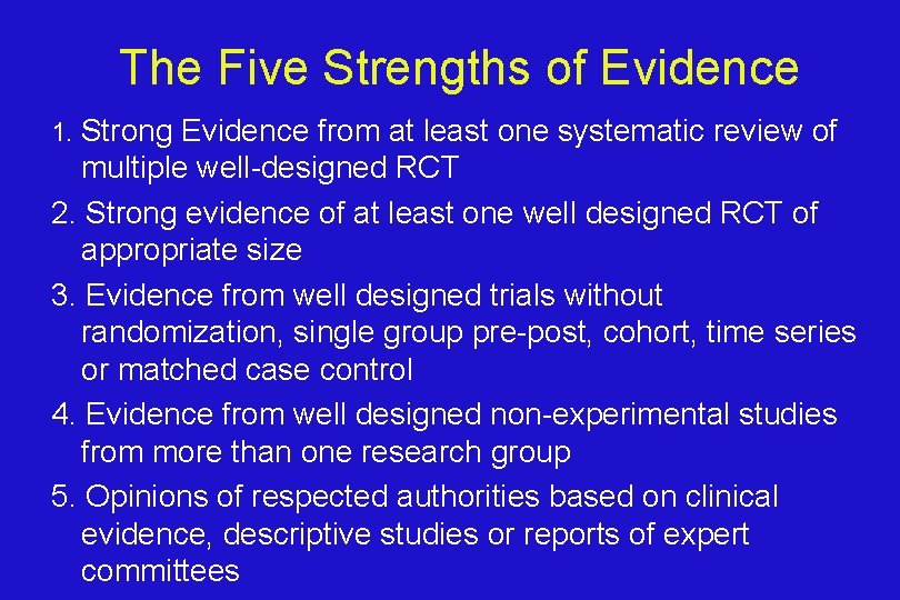 The Five Strengths of Evidence 1. Strong Evidence from at least one systematic review
