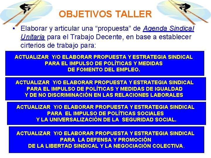 OBJETIVOS TALLER • Elaborar y articular una “propuesta” de Agenda Sindical Unitaria para el