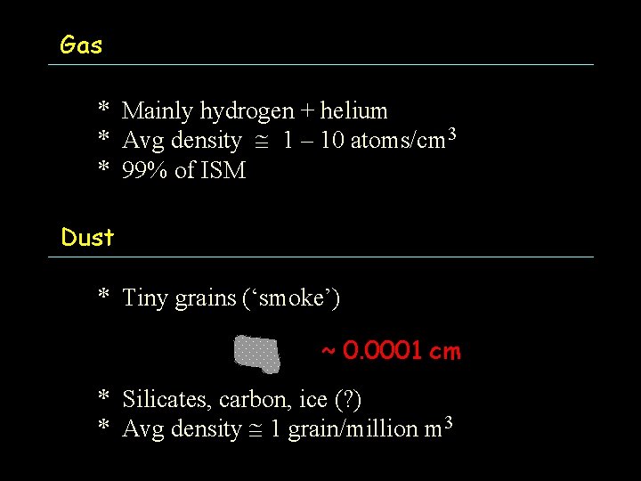 Gas * Mainly hydrogen + helium * Avg density 1 – 10 atoms/cm 3