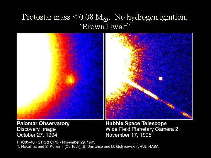 Protostar mass < 0. 08 M : No hydrogen ignition: ‘Brown Dwarf’ 