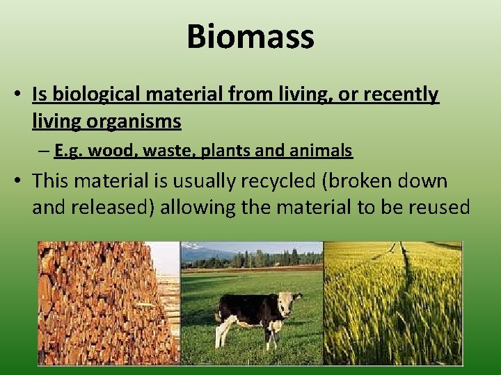 Biomass • Is biological material from living, or recently living organisms – E. g.