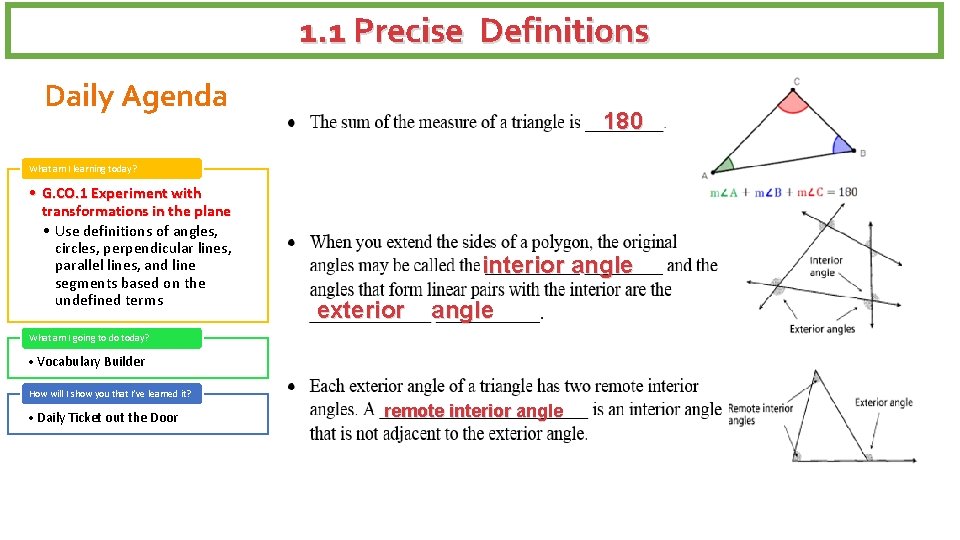 1. 1 Precise Definitions Daily Agenda 180 What am I learning today? • G.