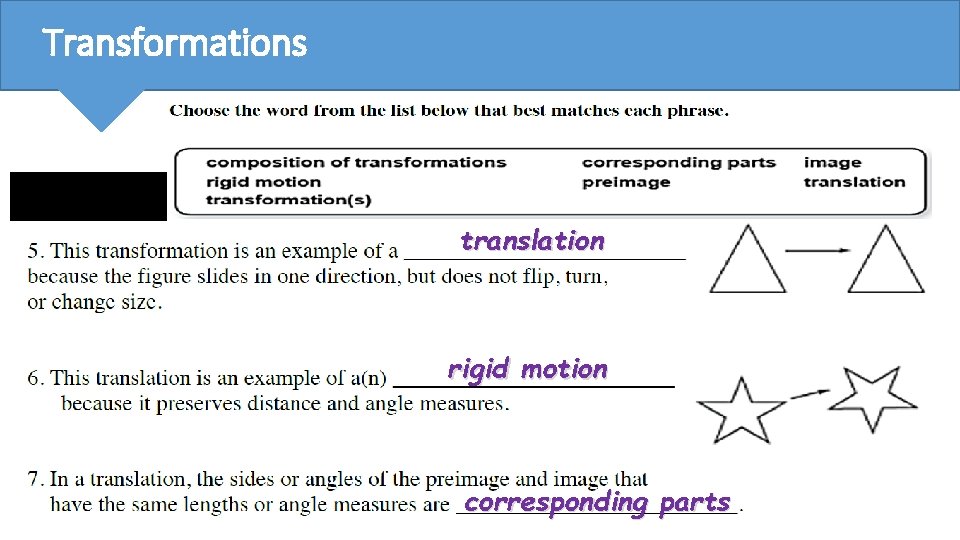 Transformations translation rigid motion corresponding parts 