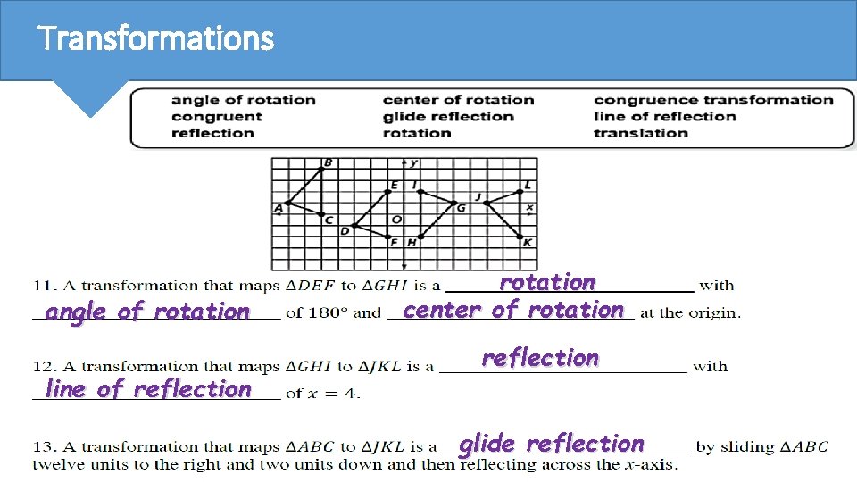 Transformations angle of rotation line of reflection rotation center of rotation reflection glide reflection