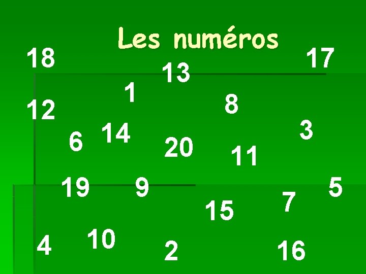 Les numéros 18 17 13 1 8 12 3 14 6 20 11 19