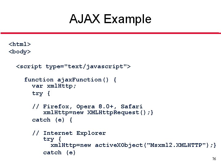 AJAX Example <html> <body> <script type="text/javascript"> function ajax. Function() { var xml. Http; try