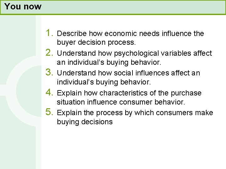 You now 1. 2. 3. 4. 5. Describe how economic needs influence the buyer