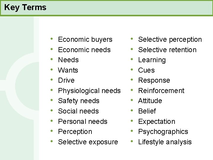 Key Terms • • • Economic buyers Economic needs Needs Wants Drive Physiological needs