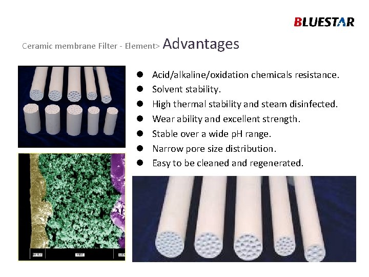 Ceramic membrane Filter - Element> l l l l Advantages Acid/alkaline/oxidation chemicals resistance. Solvent