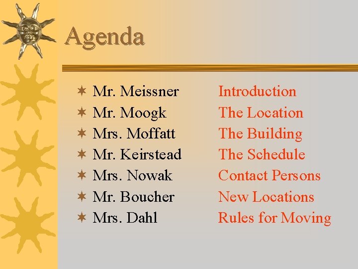 Agenda ¬ Mr. Meissner ¬ Mr. Moogk ¬ Mrs. Moffatt ¬ Mr. Keirstead ¬