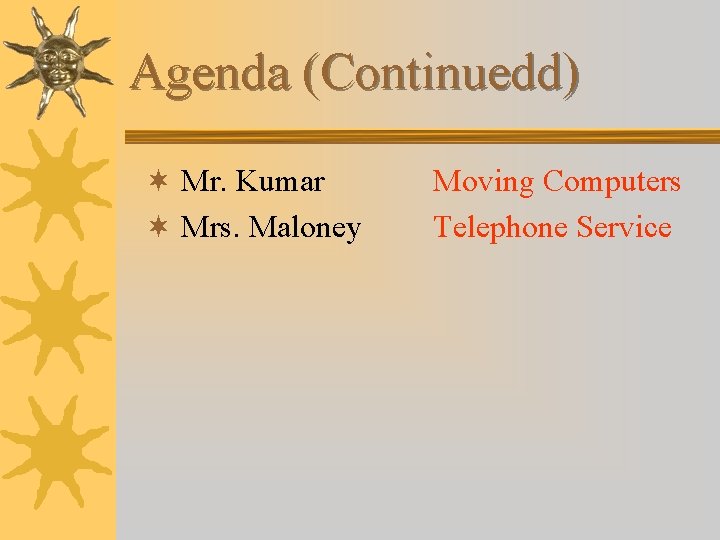 Agenda (Continuedd) ¬ Mr. Kumar ¬ Mrs. Maloney Moving Computers Telephone Service 