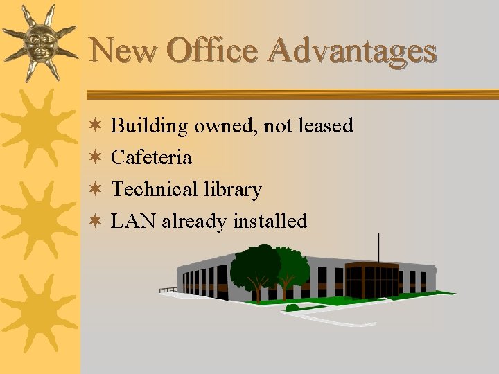 New Office Advantages ¬ Building owned, not leased ¬ Cafeteria ¬ Technical library ¬