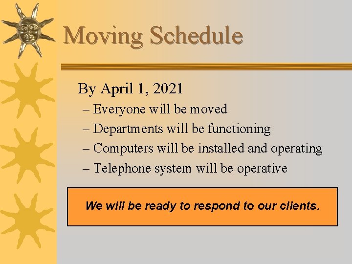 Moving Schedule By April 1, 2021 – Everyone will be moved – Departments will