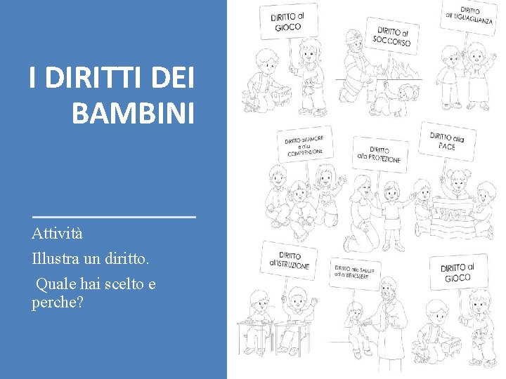 I DIRITTI DEI BAMBINI Attività Illustra un diritto. Quale hai scelto e perche? 