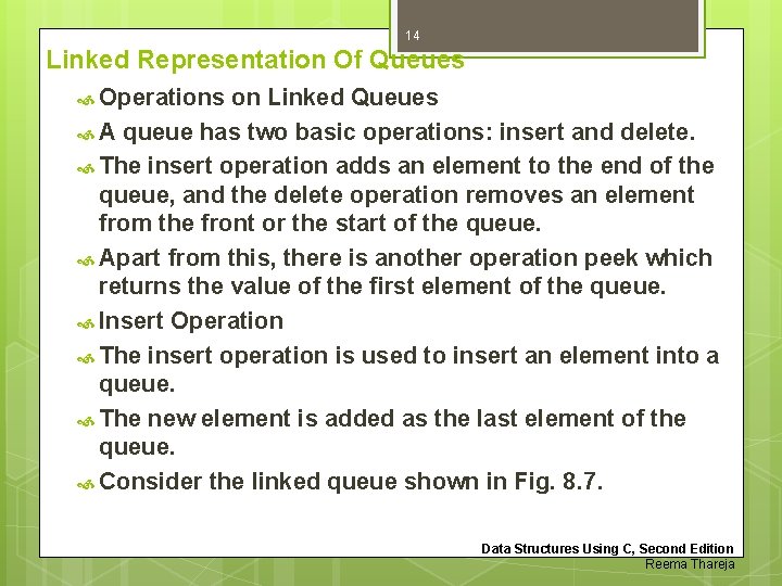 14 Linked Representation Of Queues Operations on Linked Queues A queue has two basic
